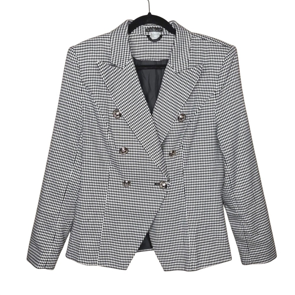 Venus Womens Size 10 Houndstooth Double Breasted Blazer Black White Crest Button